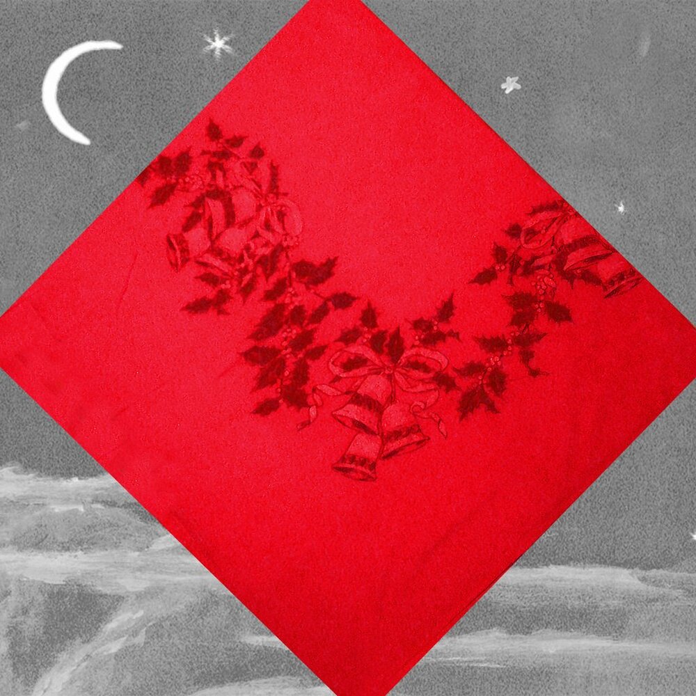 Vintage Christmas Tablecloth 73 x 117 Holiday Wilendur? Red with Xmas Bells
